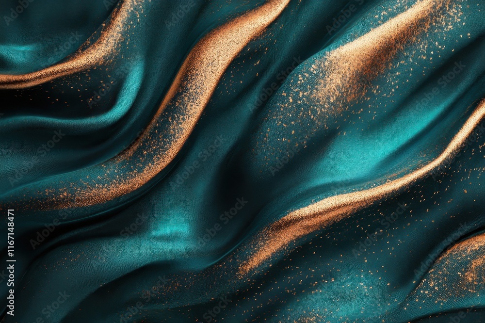 Poster luxurious waves of teal and gold shimmer gently under soft light creating an elegant textile display