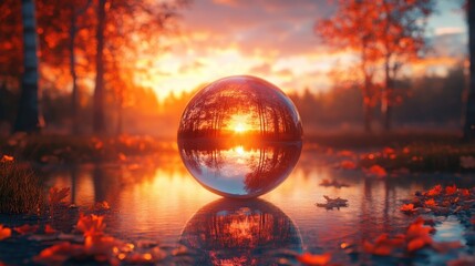 Fototapeta premium Reflective sphere captures vibrant autumn sunset over tranquil lake surrounded by colorful foliage
