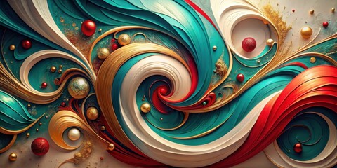 Abstract Festive Swirl Design with Red, Gold, and Teal Accents and Sparkling Glitter