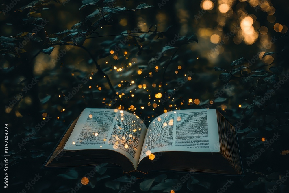 Poster whispers of magic unfold as an ancient book floats amidst a mystical forest illuminated by glowing o