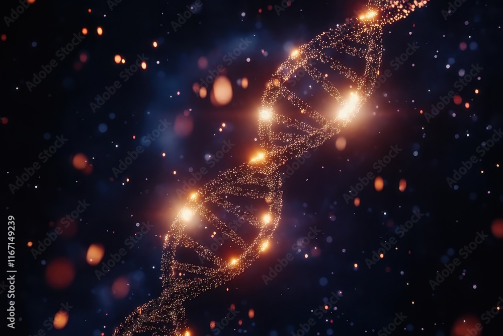 Poster exploration of dna structure amidst a cosmic backdrop filled with shimmering stars and vibrant parti