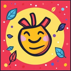 Cheerful cartoon face with bright colors on a vibrant red background, surrounded by colorful leaves and playful dots, ideal for children's designs, fun projects, and artwork.