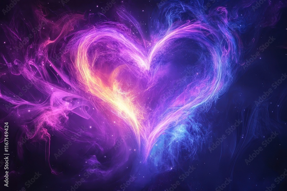 Poster cosmic heart illuminated by vibrant hues in a dreamy galaxy setting at twilight. generative ai