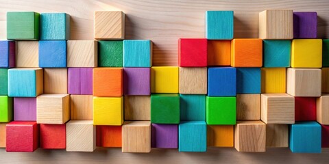 Colorful Wooden Blocks Arranged in a Playful Pattern on a Light Wood Surface