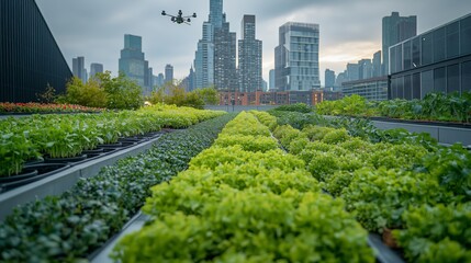 Fototapeta premium Urban Rooftop Garden with Drone Overlooking City Skyline
