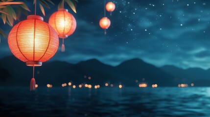 Serene Evening with Glowing Red Lanterns over the Calm Water and Starry Sky in a Tranquil Setting