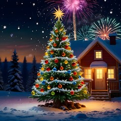Obraz premium Creative Christmas tree with a festive mood against a backdrop of bright fireworks