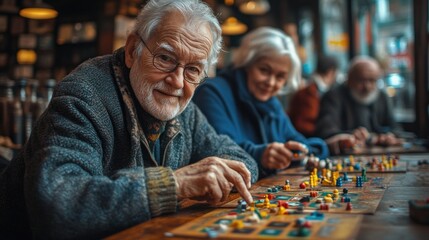 Seniors Playing Board Games in a Cozy Community Center Atmosphere