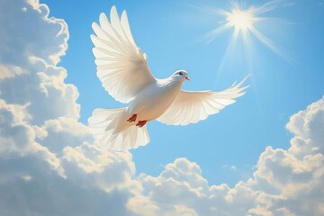 Fototapeta premium White Dove in Blue Sky Funeral Background with Clouds and Light, Copy Space for Text