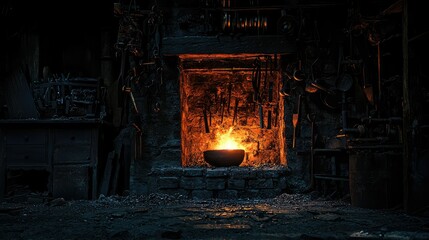Warm Glow of a Vintage Forge with Tools and Flickering Firelight