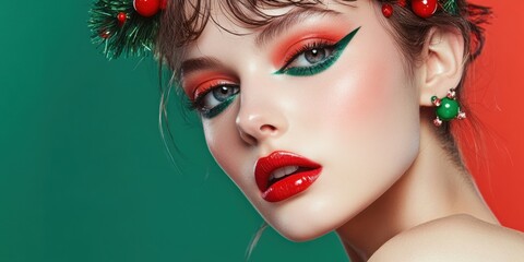 A model displays striking holiday makeup featuring bold red and green tones. Accessories enhance...