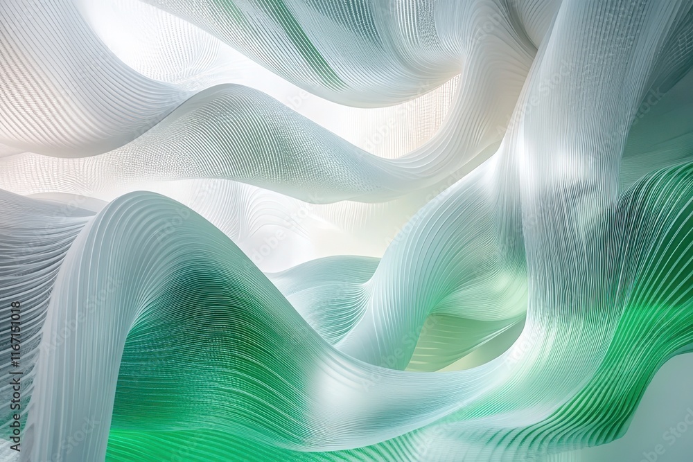 Poster swirling waves of green and white fabric create an ethereal atmosphere in an abstract composition th