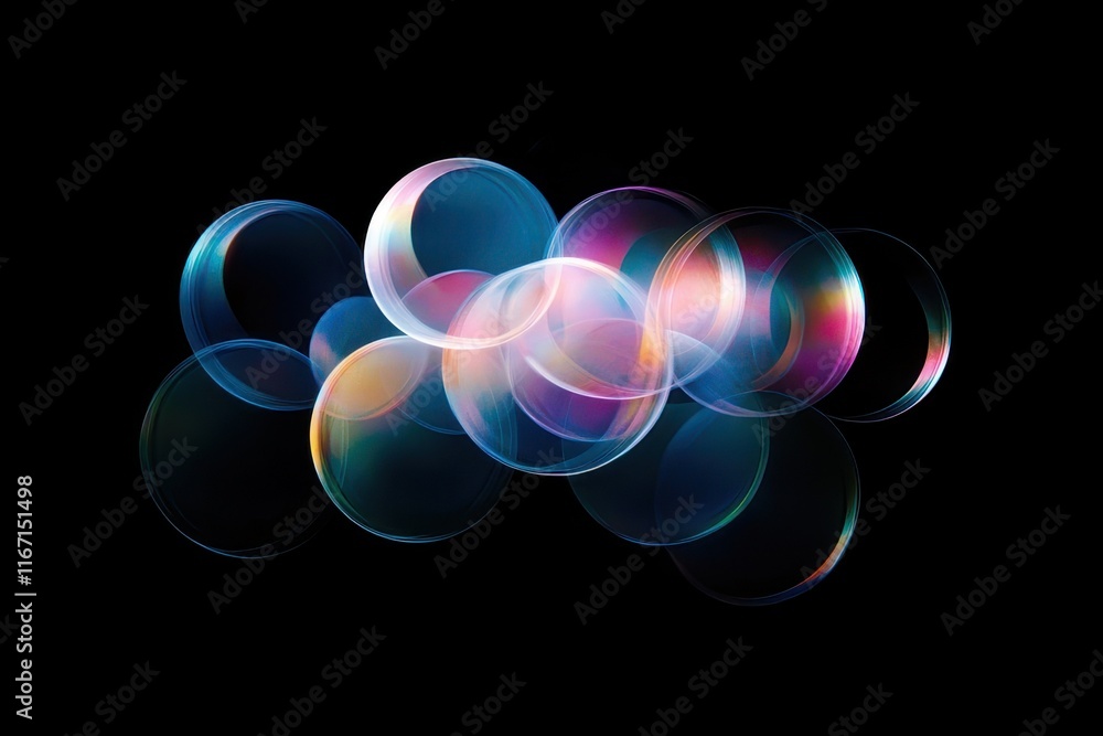 Poster colorful translucent bubbles float against a dark background, creating a mesmerizing abstract displa