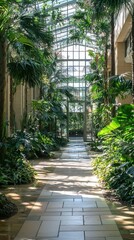 Fototapeta premium Lush Greenery in a Bright Glass Conservatory with Tropical Plants