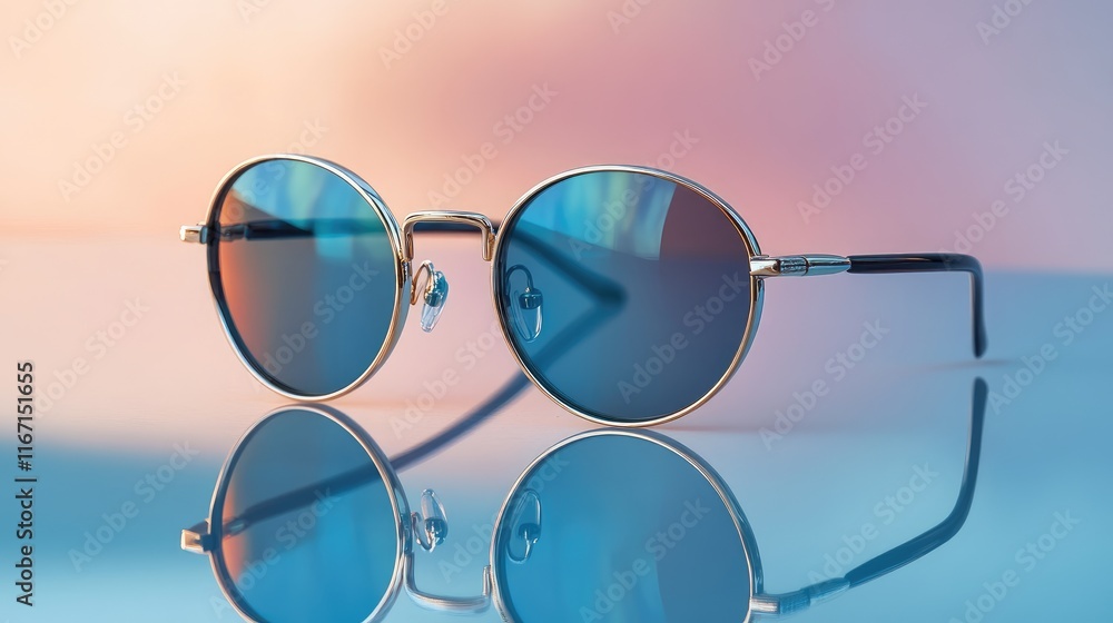 Poster stylish round sunglasses showcased from front and side angles on reflective surface with soft gradie