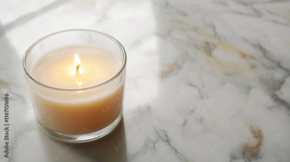 Poster elegant scented candle with soft glow on white marble surface creating a calming and sophisticated a