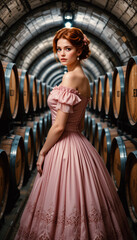 Portrait of a girl of aristocratic appearance, in a long pink dress in winery cellar