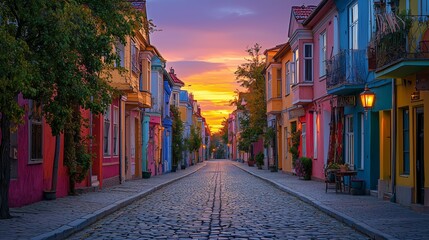 Fototapeta premium Vibrant Sunset Over Cobblestone Street with Colorful Houses
