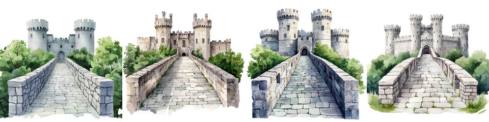 Majestic medieval castle with towering turrets and a drawbridge spanning a deep moat nestled amidst a lush verdant landscape The ancient fortification exudes an air of mystery and history