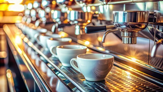 A row of pristine white cups awaits the rich, dark elixir as a gleaming espresso machine prepares a perfect brew, the warm light illuminating the scene, promising a delightful caffeine experience.