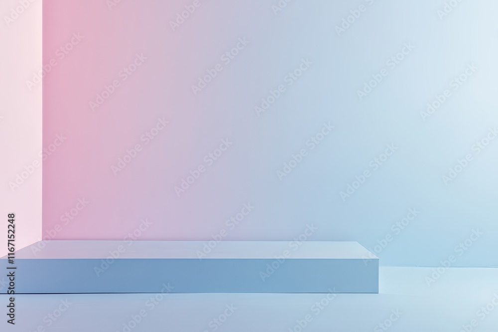 Poster creative space with minimalist display platform and soft pastel lighting for artistic presentations 