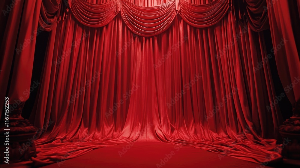 Poster luxurious red satin fabric backdrop with elegant draping suitable for theatrical and event presentat