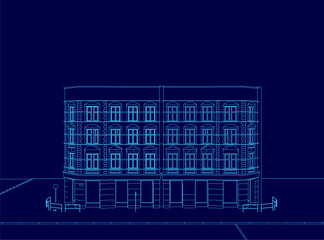 Blue drawing of a building with a lot of windows. The building is tall and has a lot of windows