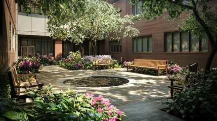 Fototapeta premium Serene Urban Courtyard with Benches and Colorful Flowers