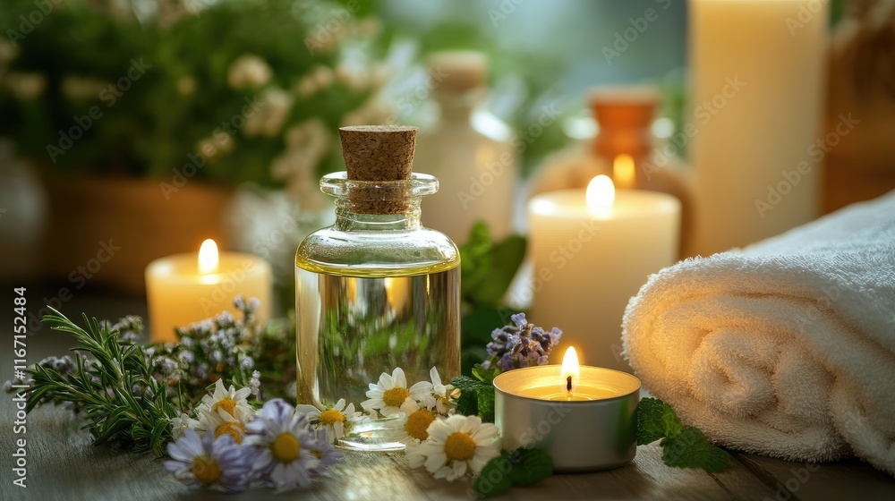Poster relaxing spa setup with essential oils herbs candles and towels creating a serene atmosphere for ult
