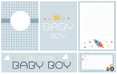 a set of elements with postcards, templates and a banner for a little boy in blue colors with a rocket, a crown and a tractor