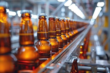 Beer bottles moving on conveyor belt