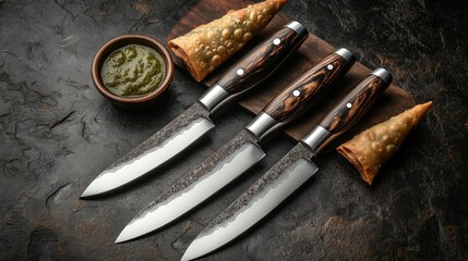 Three Elegant Damascus Steel Knives with Samosas and Dip