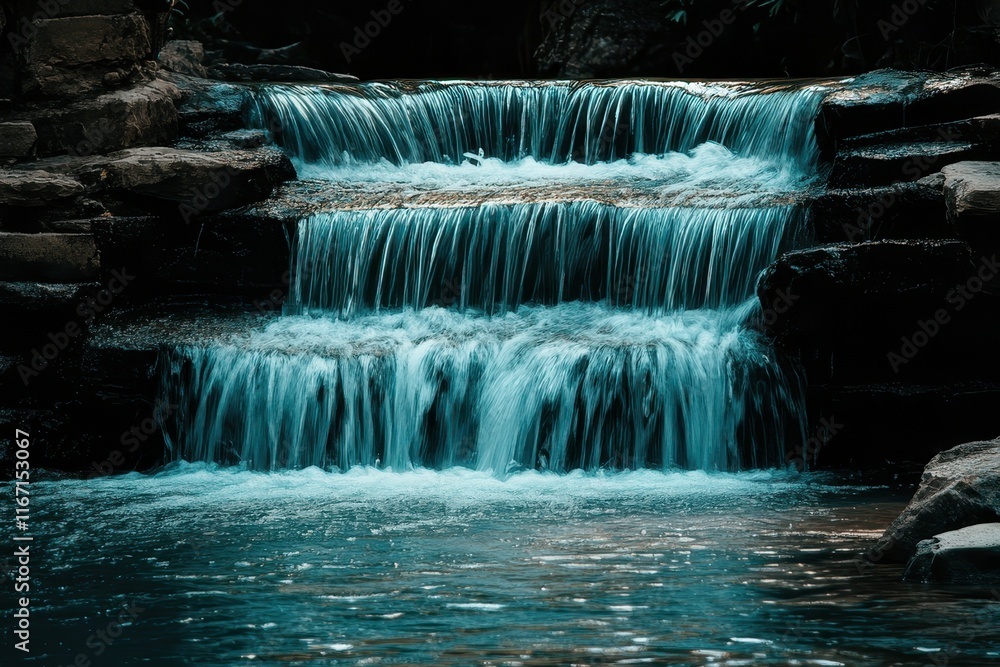 Poster cascading water flows gracefully over multiple stone tiers in a tranquil forest setting during the g