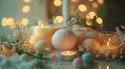 Tranquil spa arrangement with candles and bath products for relaxation and rejuvenation in a serene setting