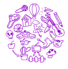 Doodle cute line elements, purple hand drawn vector elements, Simple sketch line style emphasis, attention, balloon, mushroom, camera, guitar, cactus, skull, care, fence