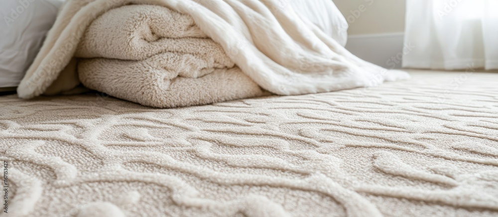 Poster luxurious artificial carpet with intricate patterns folded beside soft beige blankets on a clean whi