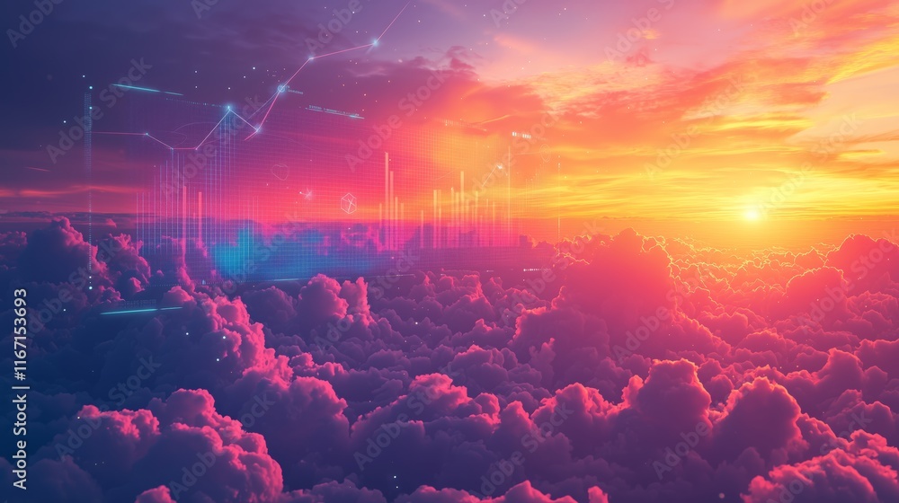 Poster ethereal sunset over clouds with digital data visualization elements
