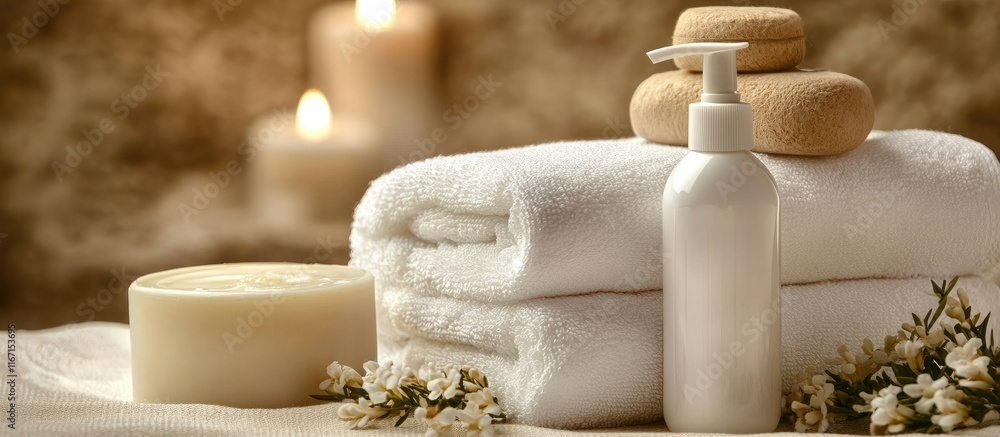 Poster elegant spa setting with neatly arranged white towels, soap, and shampoo, creating a serene atmosphe