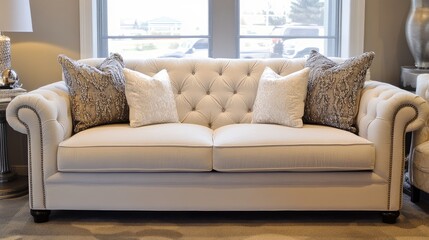Elegant tufted white sofa adorned with decorative pillows in a contemporary living room setting showcasing modern interior design.