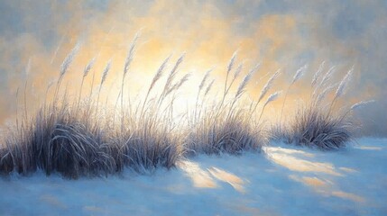 Golden light illuminating gentle grasses in a serene winter landscape at dawn