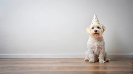 A fluffy white canine wearing a celebratory hat sits patiently on a wood floor against a minimalist background