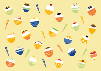 ランダムに並んだカラフルなどんぶりご飯の背景素材