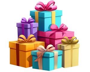 Fototapeta premium Colorful birthday gifts stacked on a white background.