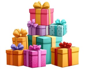 Colorful birthday gifts stacked on a white background.