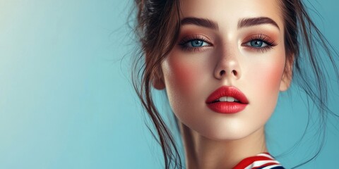 Fototapeta premium A young woman poses gracefully with striking makeup, highlighting her eyes and lips against a soft blue background, embodying contemporary beauty ideals