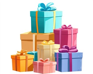 Colorful birthday gifts stacked on a white background.