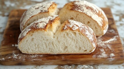 Artisan sliced bread on a rustic wooden board showcasing fresh texture and flour dusting against a soft blurred background