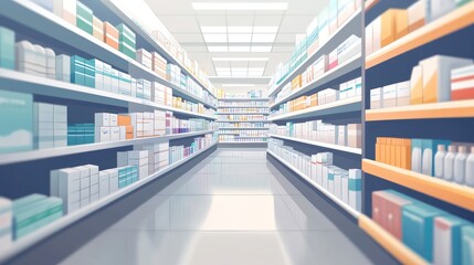 Pharmacy aisle with various medications and healthcare products on shelves.