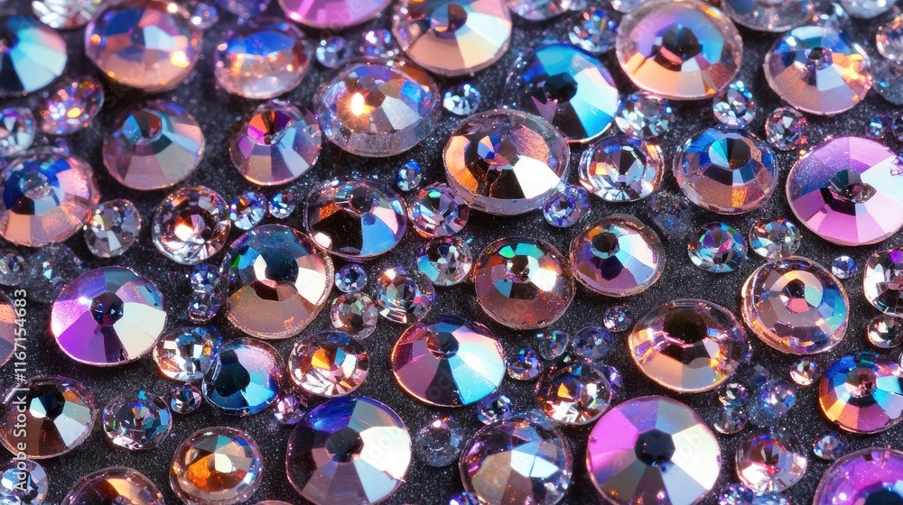 Poster shimmering rhinestones scattered on a textured surface reflecting various colors and light patterns