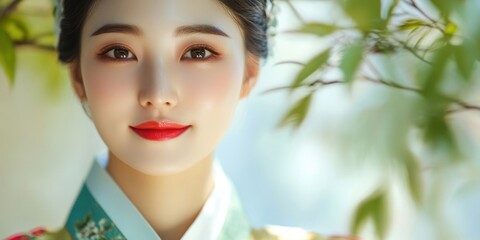 A woman dressed in vibrant traditional clothing stands gracefully among leafy branches, radiating elegance and cultural pride on a sunny afternoon